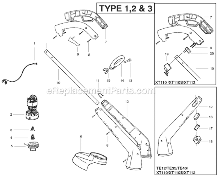 Page A Diagram and Parts List for XT110S Type 1 Weed Eater Trimmer